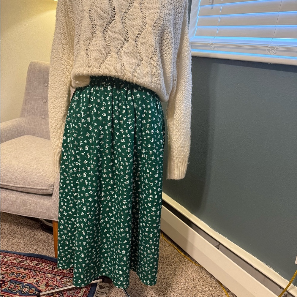Green Floral Midi Skirt - Elastic Waist